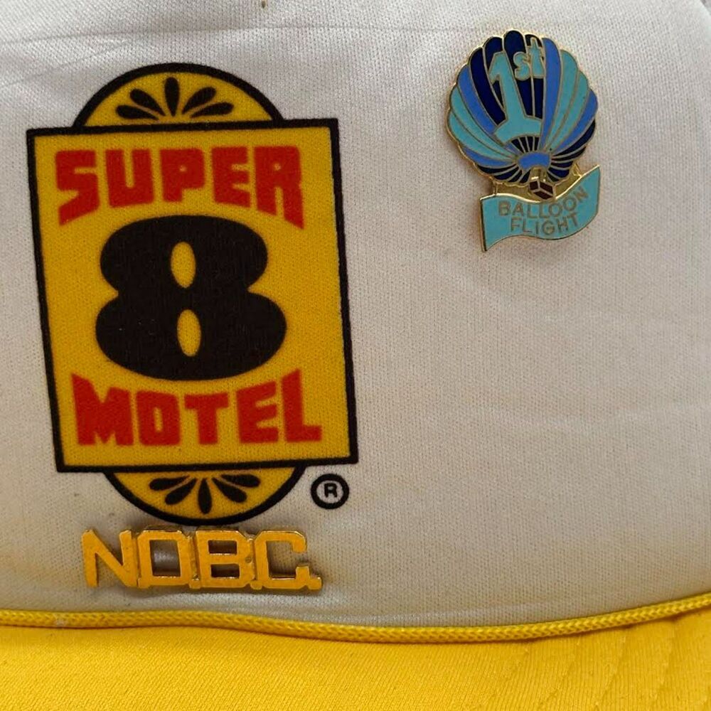 Vtg Super 8 Motel Trucker Hat with Pins Mesh Cap Yellow Snap Back Adj Flat Bill - Picture 3 of 11